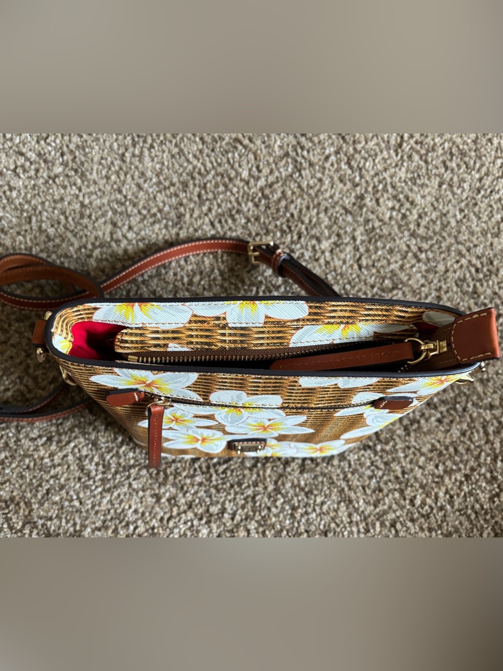 Dooney & Bourke Brown Wicker Print Floral Crossbody Plumeria - Picture 5 of 12